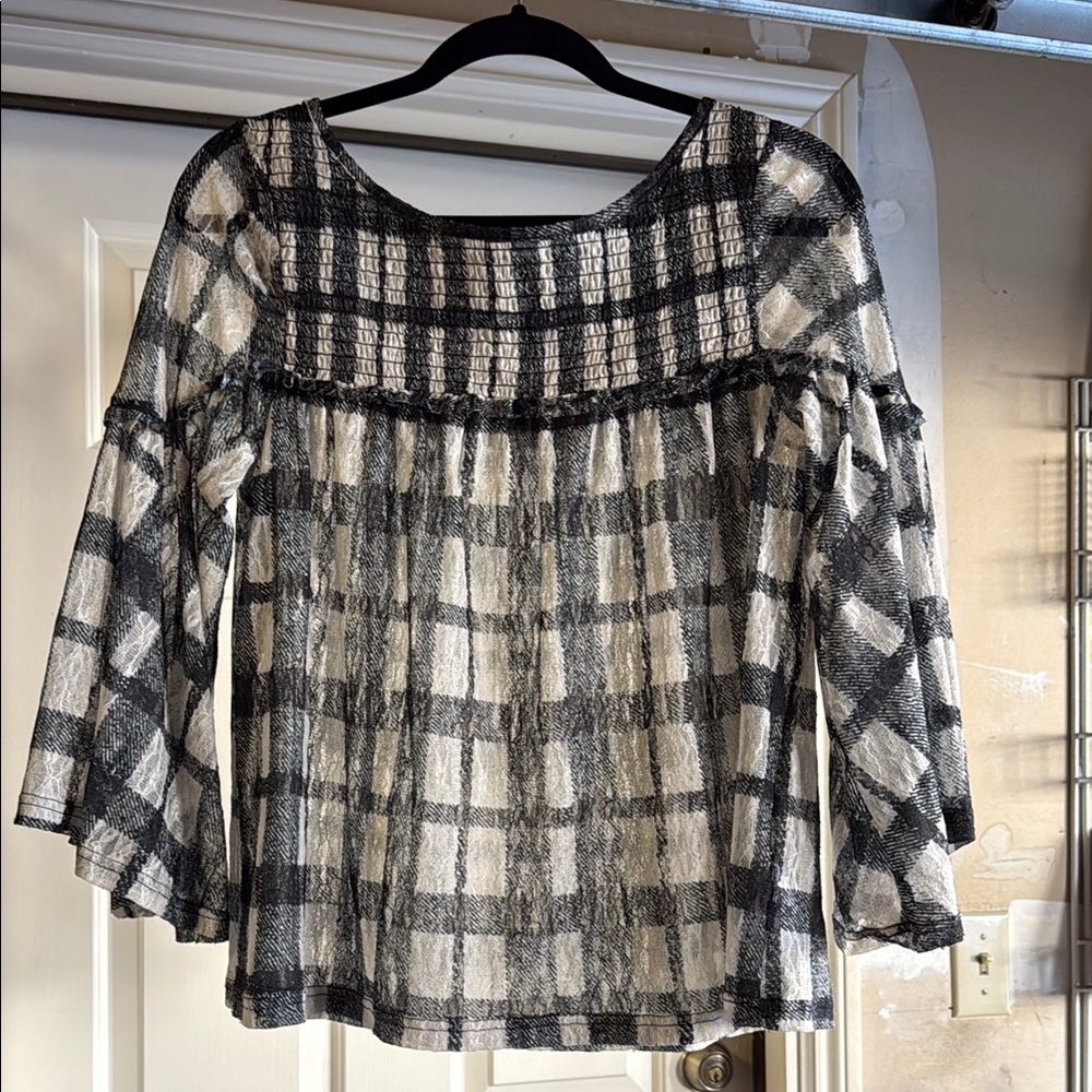 Anthropologie - Women's Black and White Sheer Checkered Top - Size S